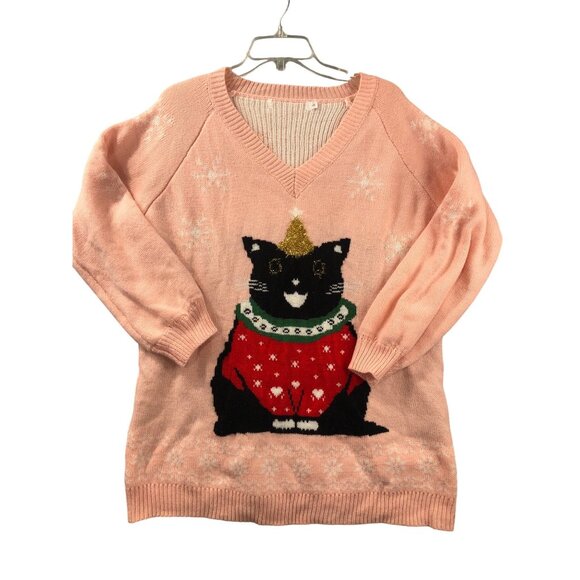 Christmas Sweater Size S Pink Cat Lady Black Snowflakes Cute Fun Oversized READ - Picture 1 of 8